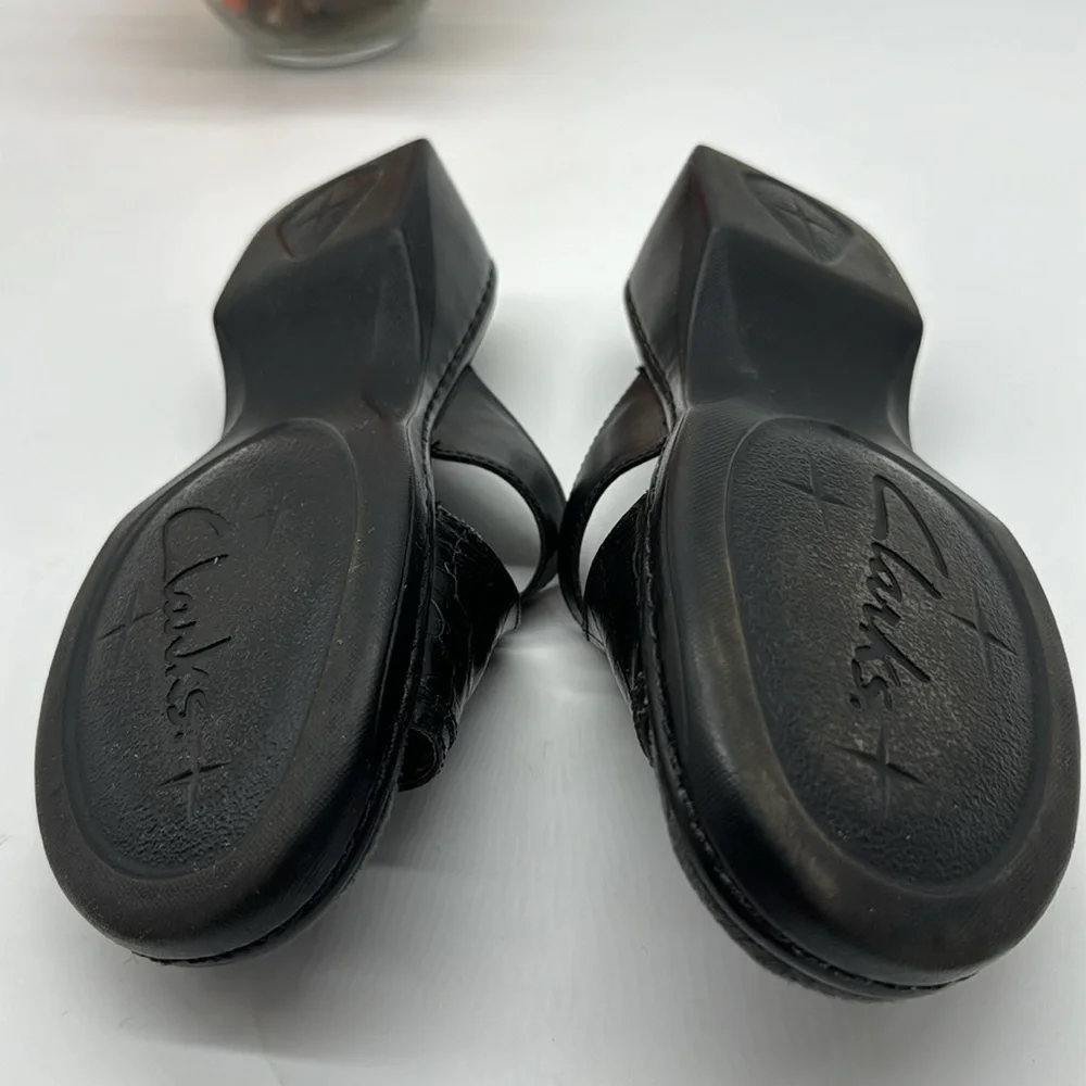 Clarks Black Leather Slide Sandals with Silver Buckle